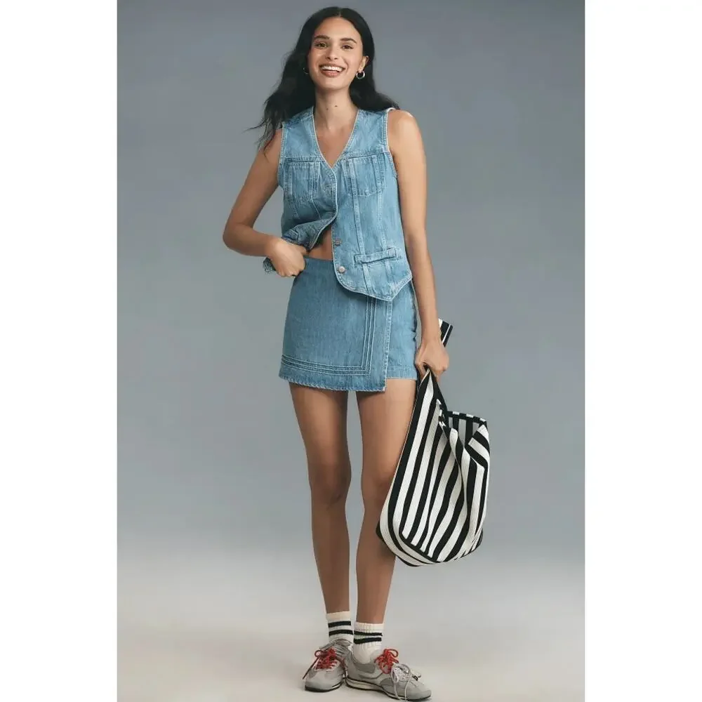 NWOT Damson Madder Rory High Rise Denim Wrap Skort Embroidered Trims Blue 16 - Picture 1 of 5